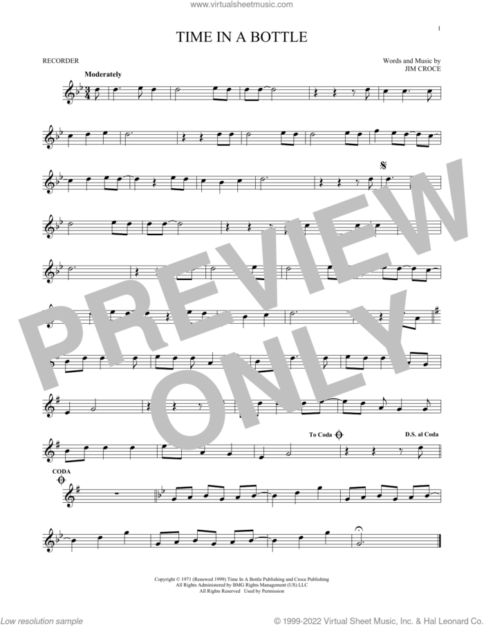 Time In A Bottle sheet music for recorder solo by Jim Croce, intermediate skill level