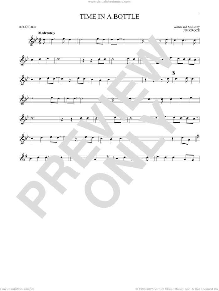 Time In A Bottle sheet music for recorder solo by Jim Croce, intermediate skill level