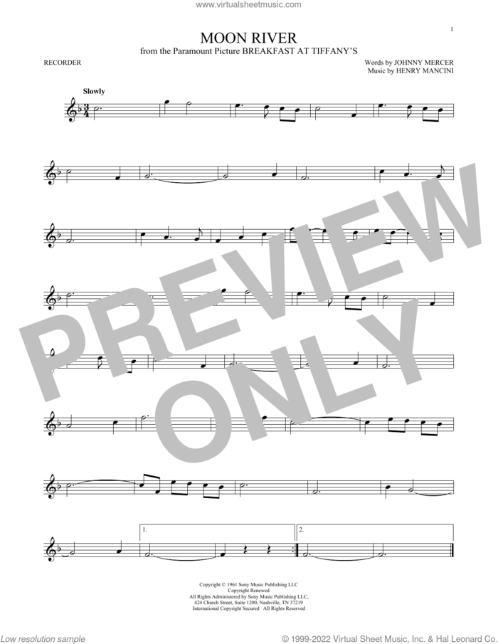 Moon River sheet music for recorder solo by Johnny Mercer, Andy Williams and Henry Mancini, intermediate skill level