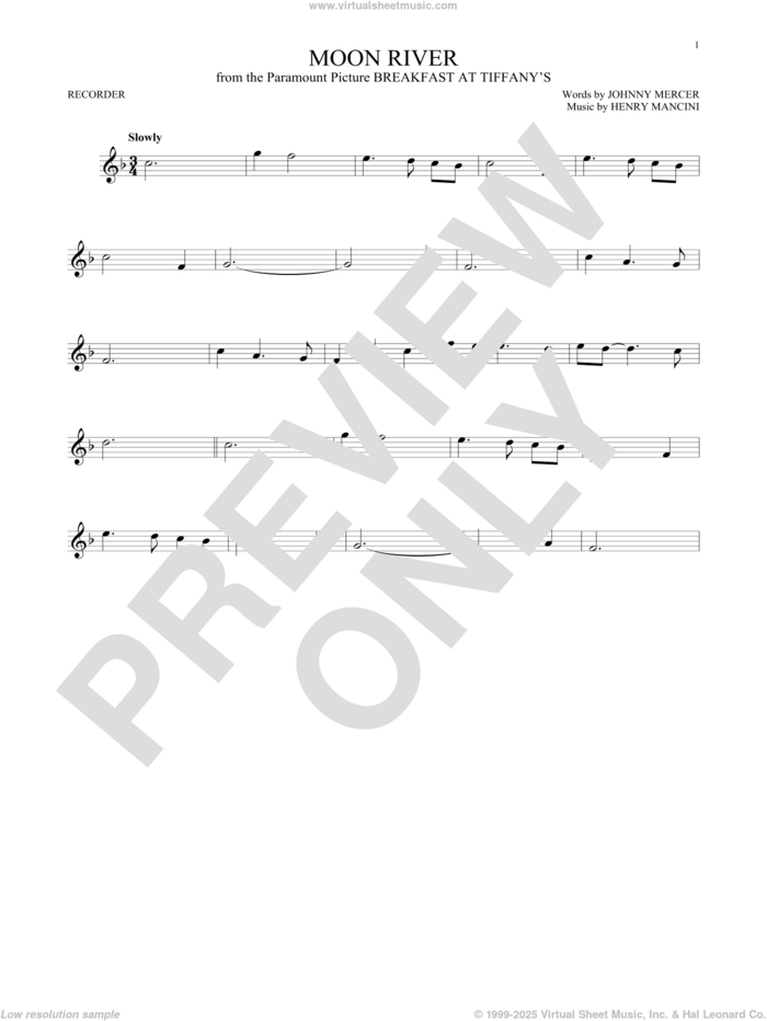 Moon River sheet music for recorder solo by Johnny Mercer, Andy Williams and Henry Mancini, intermediate skill level