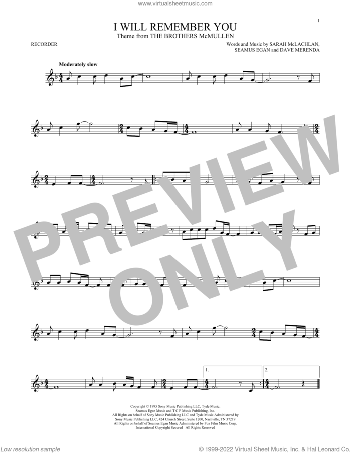 I Will Remember You sheet music for recorder solo by Sarah McLachlan, Dave Merenda and Seamus Egan, intermediate skill level