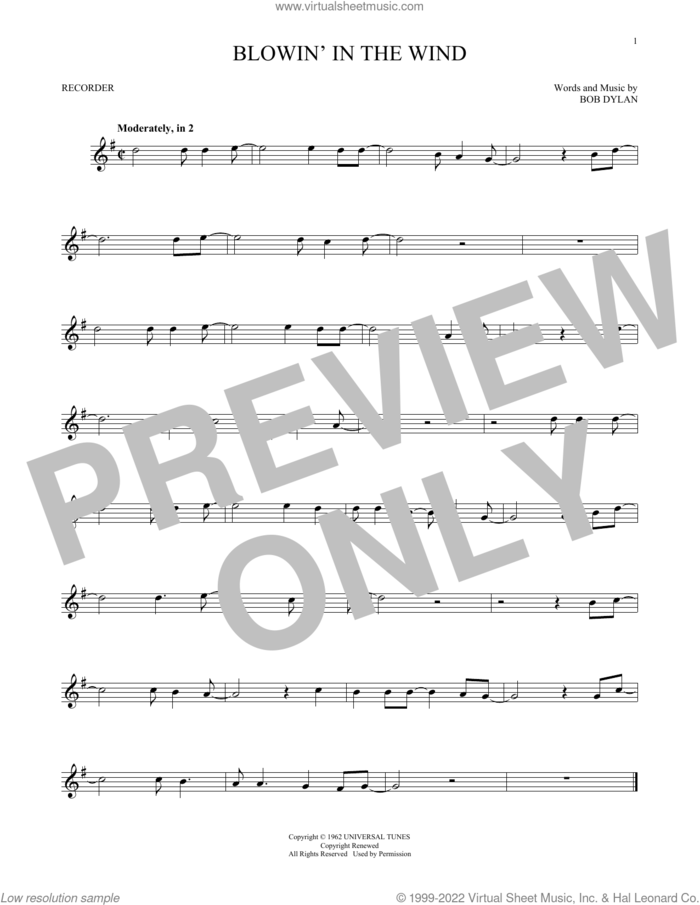 Blowin' In The Wind sheet music for recorder solo by Bob Dylan, intermediate skill level