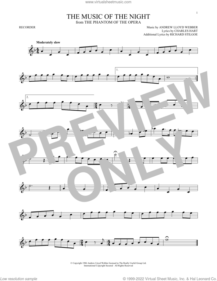 The Music Of The Night (from The Phantom Of The Opera) sheet music for recorder solo by Andrew Lloyd Webber, Charles Hart and Richard Stilgoe, intermediate skill level