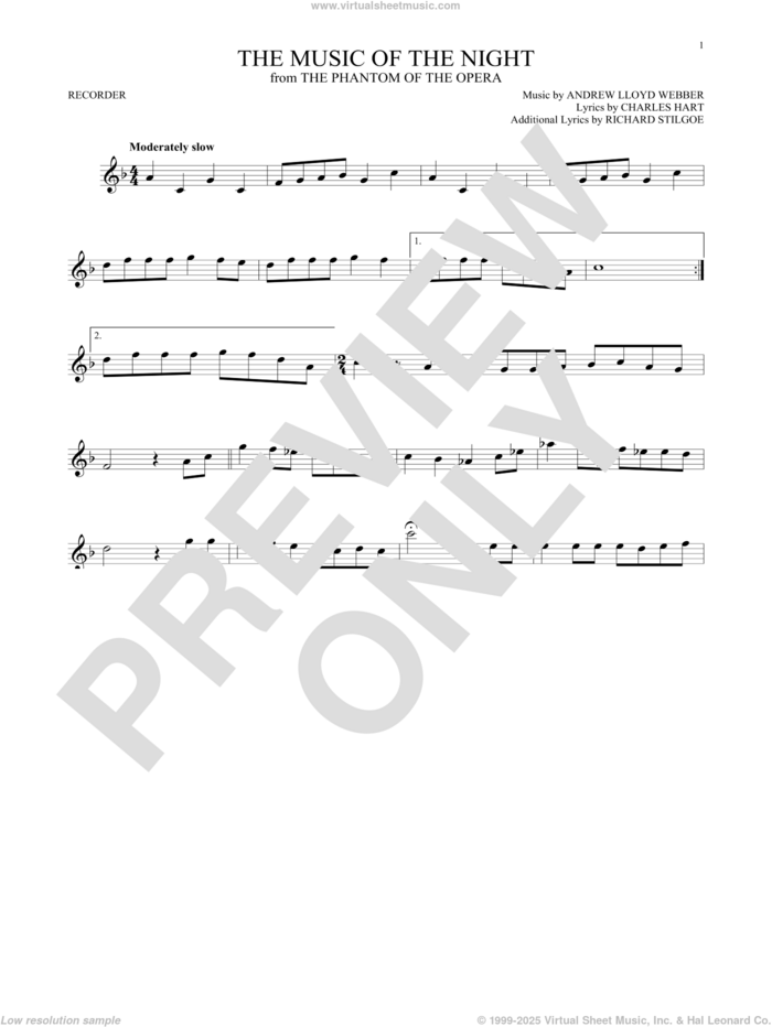 The Music Of The Night (from The Phantom Of The Opera) sheet music for recorder solo by Andrew Lloyd Webber, Charles Hart and Richard Stilgoe, intermediate skill level