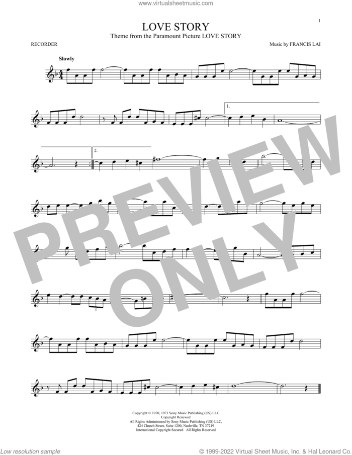 Love Story sheet music for recorder solo by Francis Lai, intermediate skill level