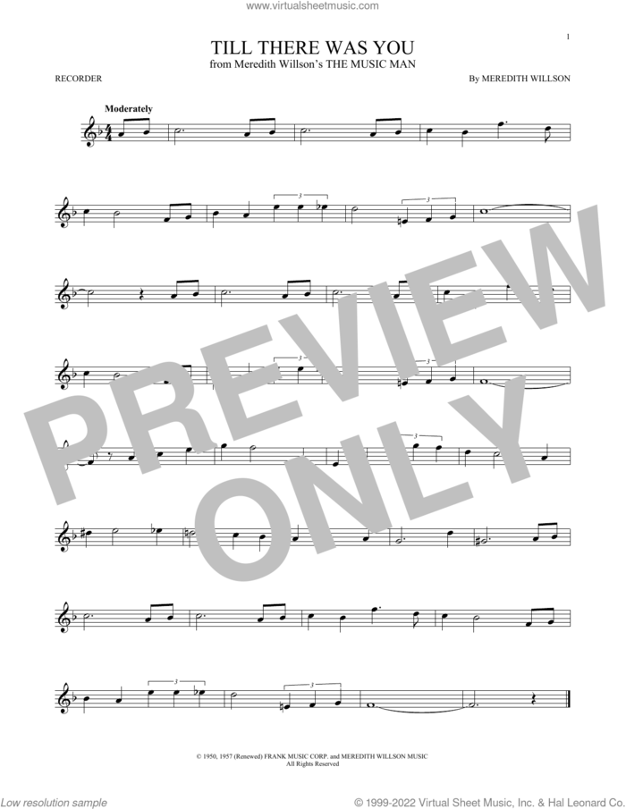 Till There Was You (from The Music Man) sheet music for recorder solo by Meredith Willson and The Beatles, wedding score, intermediate skill level