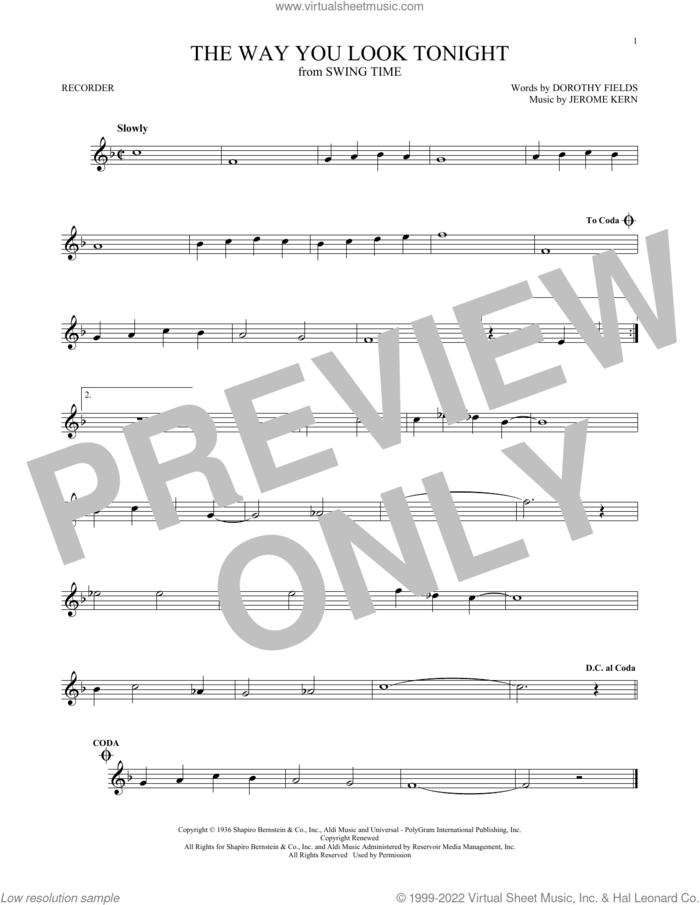 The Way You Look Tonight sheet music for recorder solo by Jerome Kern and Dorothy Fields, intermediate skill level