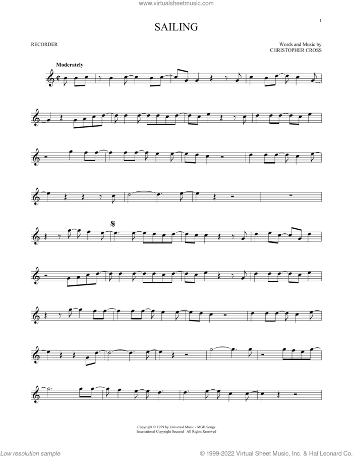 Sailing sheet music for recorder solo by Christopher Cross, intermediate skill level