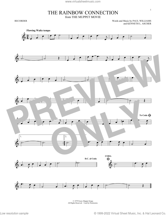 The Rainbow Connection sheet music for recorder solo by Paul Williams and Kenneth L. Ascher, intermediate skill level