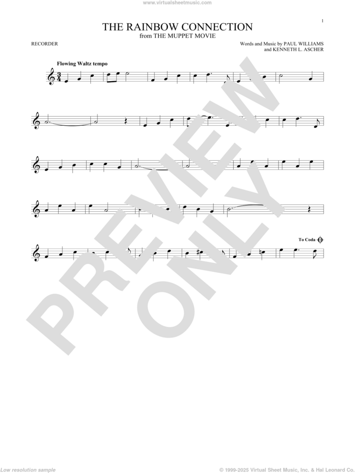 The Rainbow Connection sheet music for recorder solo by Paul Williams and Kenneth L. Ascher, intermediate skill level