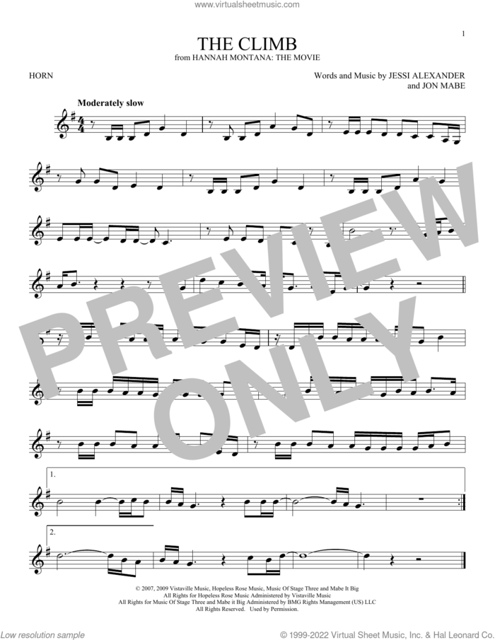 The Climb (from Hannah Montana: The Movie) sheet music for horn solo by Miley Cyrus, Jessi Alexander and Jon Mabe, intermediate skill level