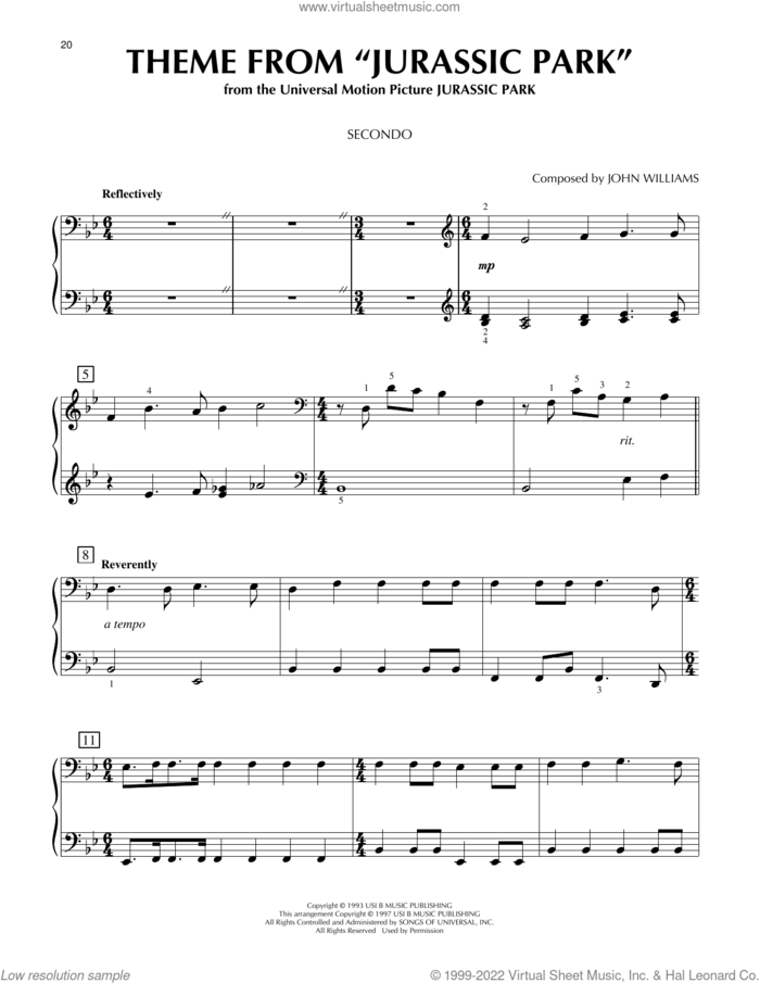 Theme From 'Jurassic Park' sheet music for piano four hands by John Williams, intermediate skill level