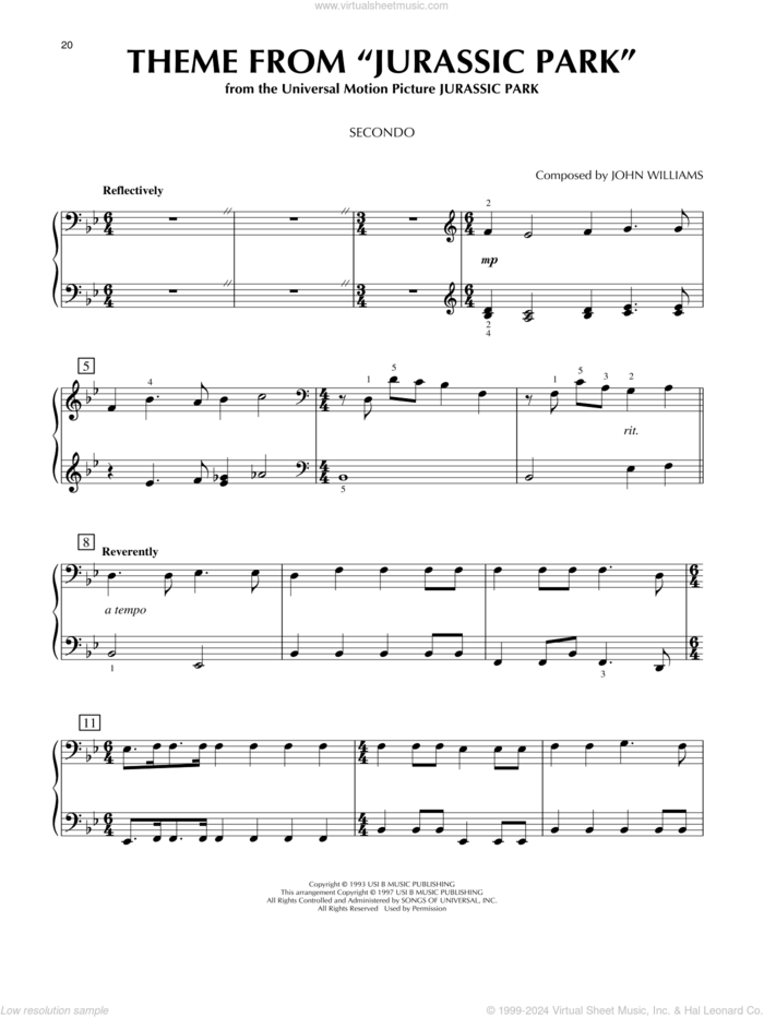 Theme From 'Jurassic Park' sheet music for piano four hands by John Williams, intermediate skill level