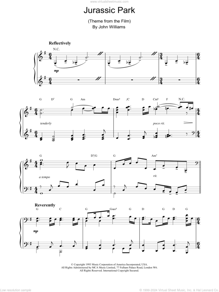 Jurassic Park sheet music for piano solo by John Williams, intermediate skill level