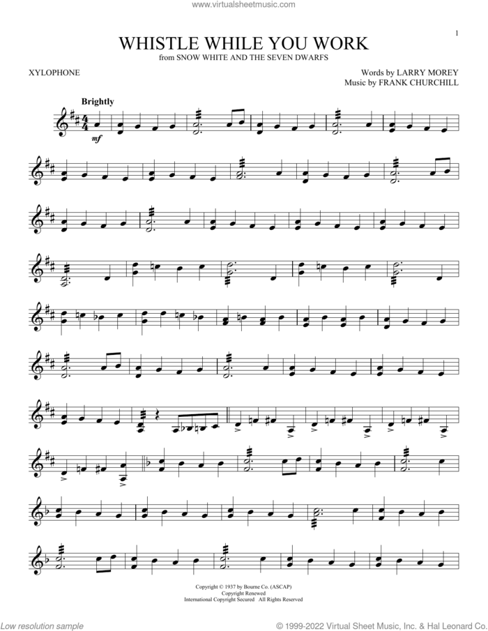 Whistle While You Work (from Snow White And The Seven Dwarfs) sheet music for Xylophone Solo (xilofone, xilofono, silofono) by Larry Morey and Frank Churchill, Frank Churchill and Larry Morey, intermediate skill level