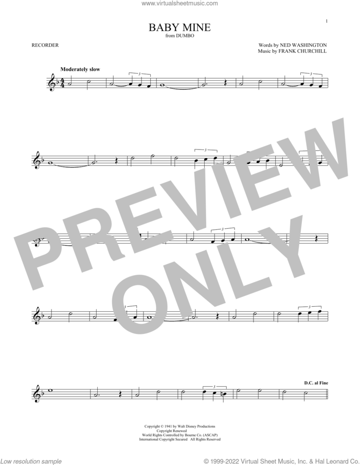 Baby Mine (from Dumbo) sheet music for recorder solo by Frank Churchill & Ned Washington, Frank Churchill and Ned Washington, intermediate skill level