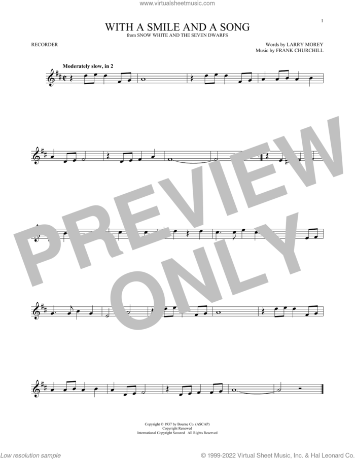 With A Smile And A Song (from Snow White And The Seven Dwarfs) sheet music for recorder solo by Larry Morey and Frank Churchill, Frank Churchill and Larry Morey, intermediate skill level