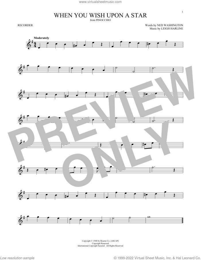 When You Wish Upon A Star (from Pinocchio) sheet music for recorder solo by Cliff Edwards, Leigh Harline and Ned Washington, intermediate skill level