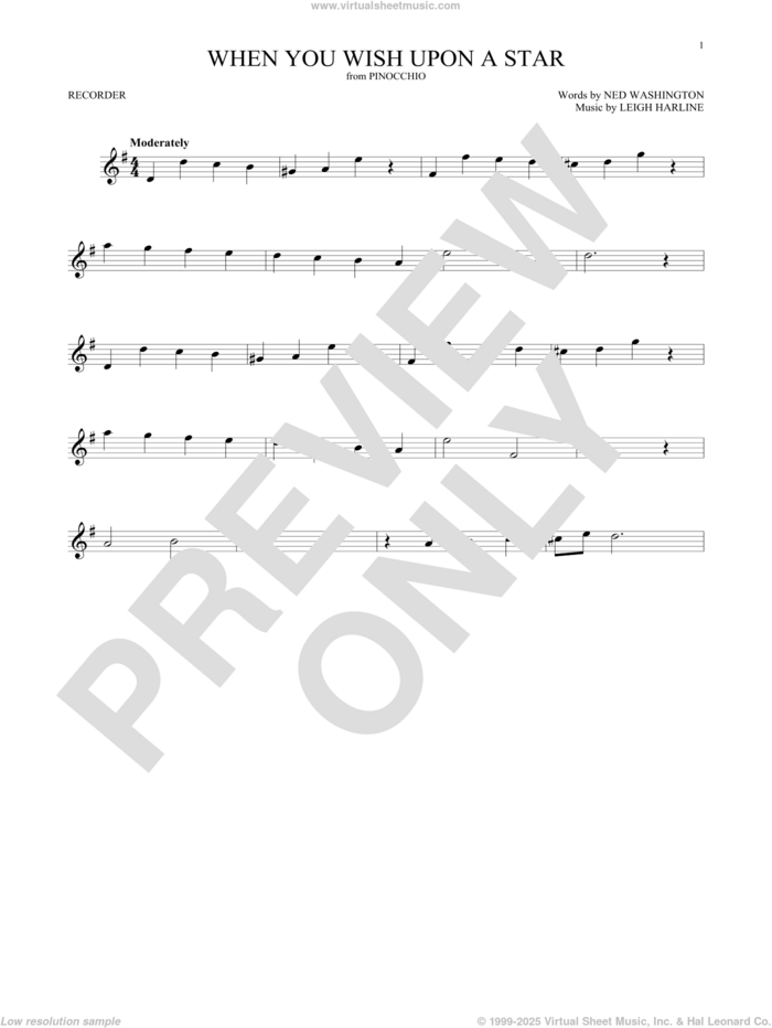 When You Wish Upon A Star (from Pinocchio) sheet music for recorder solo by Cliff Edwards, Leigh Harline and Ned Washington, intermediate skill level