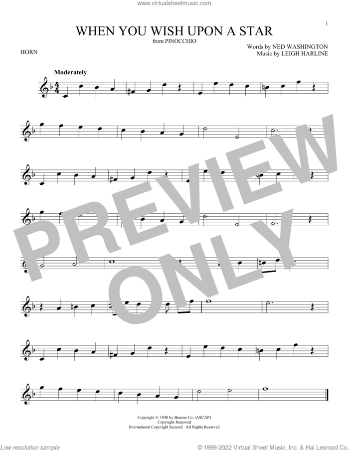 When You Wish Upon A Star (from Pinocchio) sheet music for horn solo by Cliff Edwards, Leigh Harline and Ned Washington, intermediate skill level