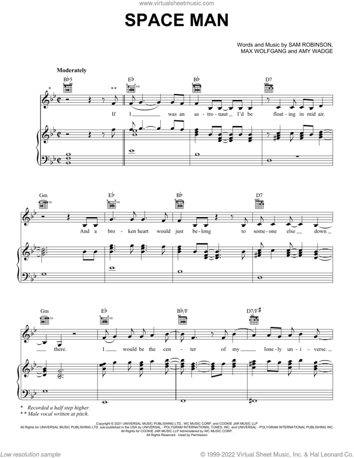 SPACE MAN sheet music for voice, piano or guitar by Sam Ryder, Amy Wadge, Max Wolfgang and Sam Robinson, intermediate skill level