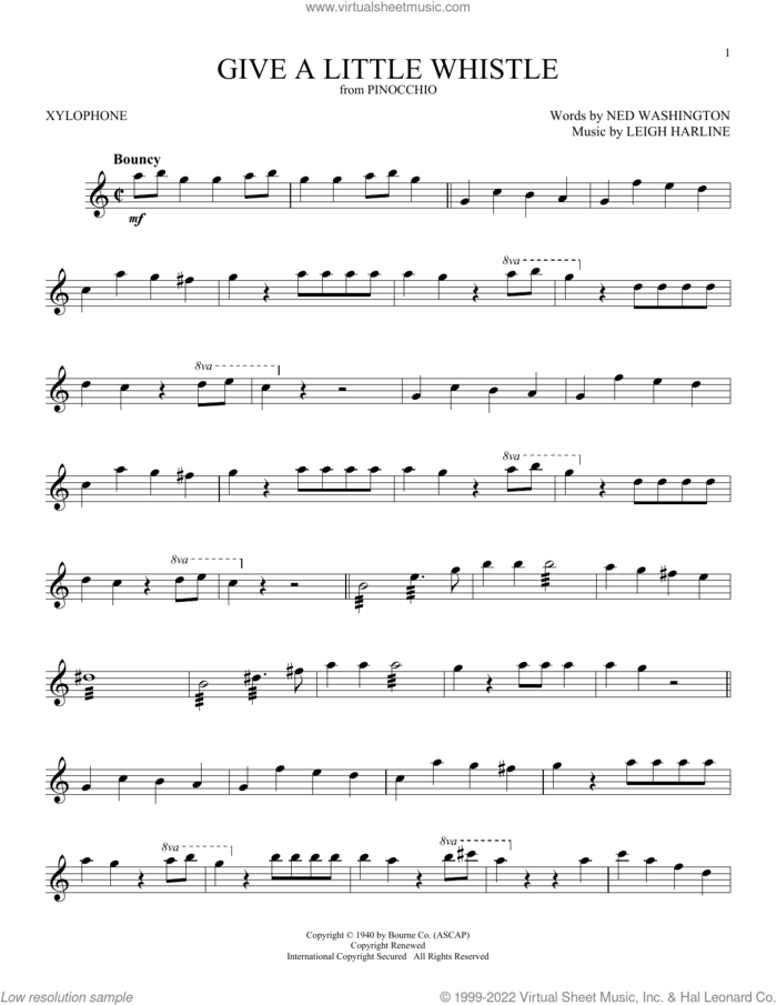 Give A Little Whistle (from Pinocchio) sheet music for Xylophone Solo (xilofone, xilofono, silofono) by Ned Washington and Leigh Harline, Leigh Harline and Ned Washington, intermediate skill level