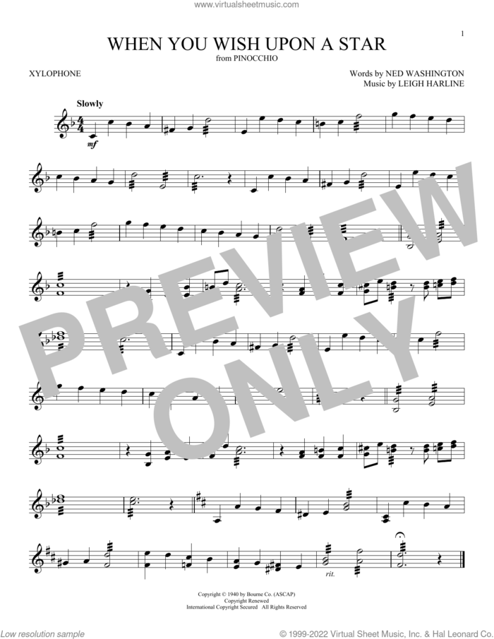 When You Wish Upon A Star (from Pinocchio) sheet music for Xylophone Solo (xilofone, xilofono, silofono) by Cliff Edwards, Leigh Harline and Ned Washington, intermediate skill level