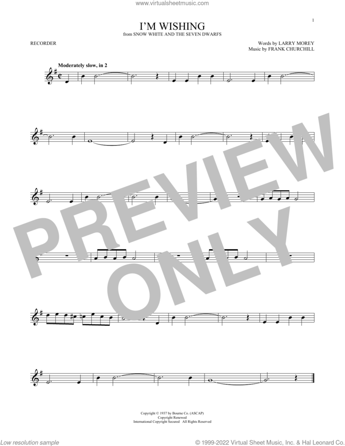 I'm Wishing (from Snow White And The Seven Dwarfs) sheet music for recorder solo by Larry Morey and Frank Churchill, Frank Churchill and Larry Morey, intermediate skill level