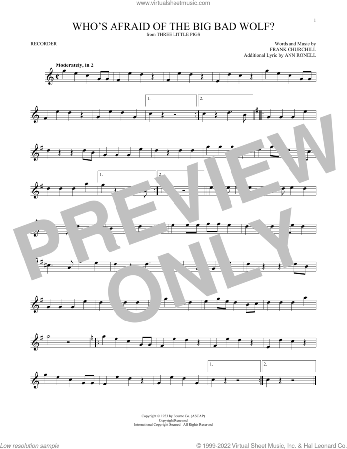 Who's Afraid Of The Big Bad Wolf? (from Three Little Pigs) sheet music for recorder solo by Frank Churchill and Ann Ronell, intermediate skill level