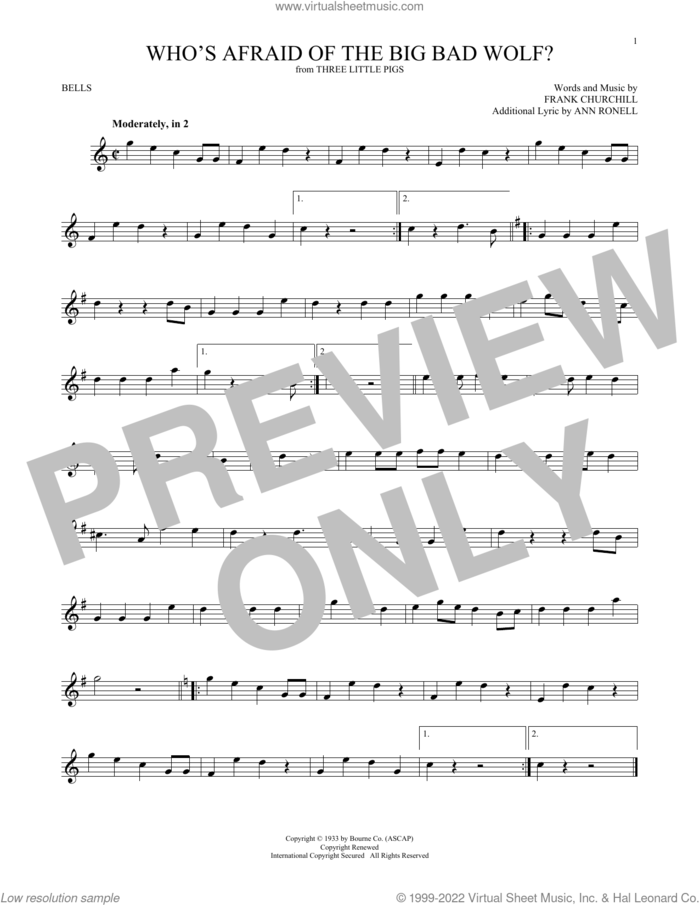 Who's Afraid Of The Big Bad Wolf? (from Three Little Pigs) sheet music for Hand Bells Solo (bell solo) by Frank Churchill and Ann Ronell, intermediate Hand Bells Solo (bell)