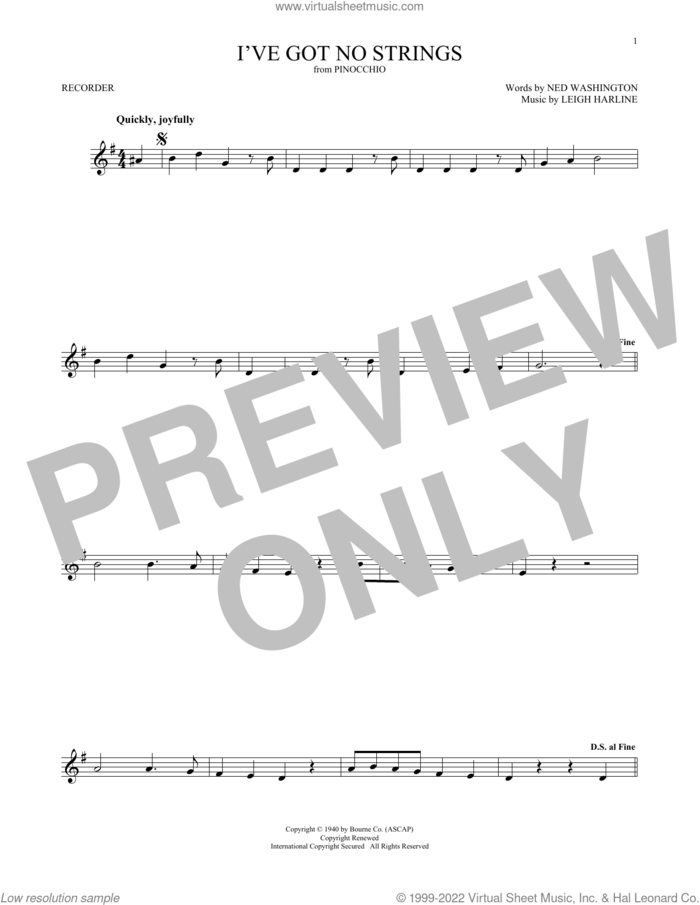 I've Got No Strings (from Pinocchio) sheet music for recorder solo by Ned Washington and Leigh Harline, Leigh Harline and Ned Washington, intermediate skill level