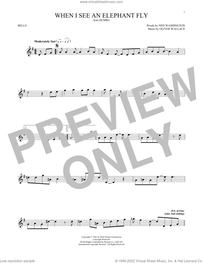 When I See An Elephant Fly (from Dumbo) sheet music for Hand Bells Solo (bell solo) by Ned Washington and Oliver Wallace, Ned Washington and Oliver Wallace, intermediate Hand Bells Solo (bell)