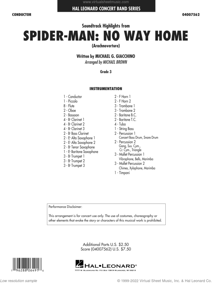 Soundtrack Highlights from Spider-Man: No Way Home (arr. Brown) sheet music for concert band (full score) by Michael G. Giacchino and Michael Brown, intermediate skill level