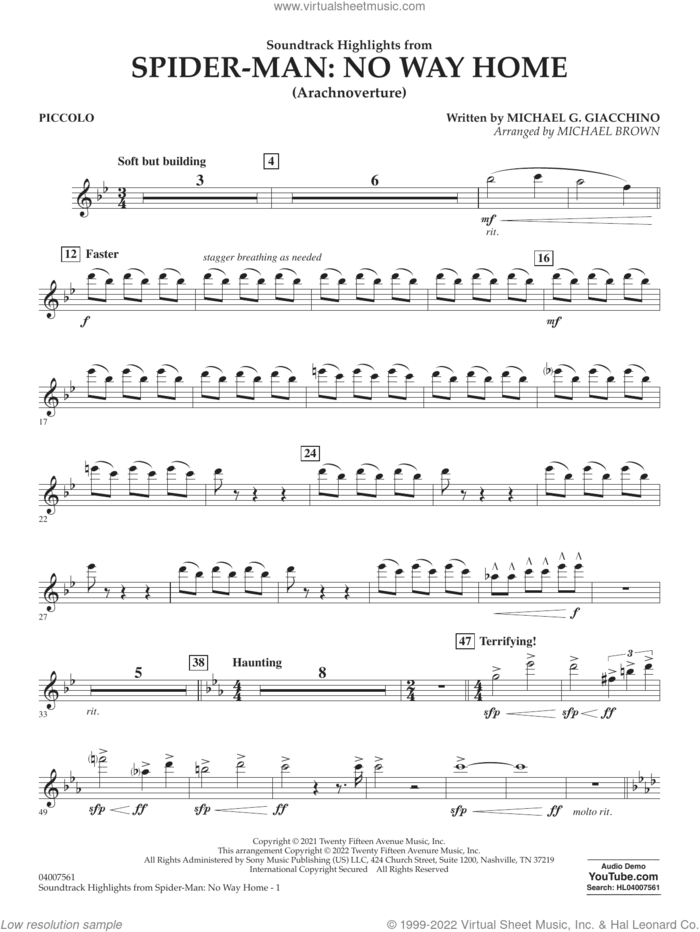 Soundtrack Highlights from Spider-Man: No Way Home (arr. Brown) sheet music for concert band (piccolo) by Michael G. Giacchino and Michael Brown, intermediate skill level