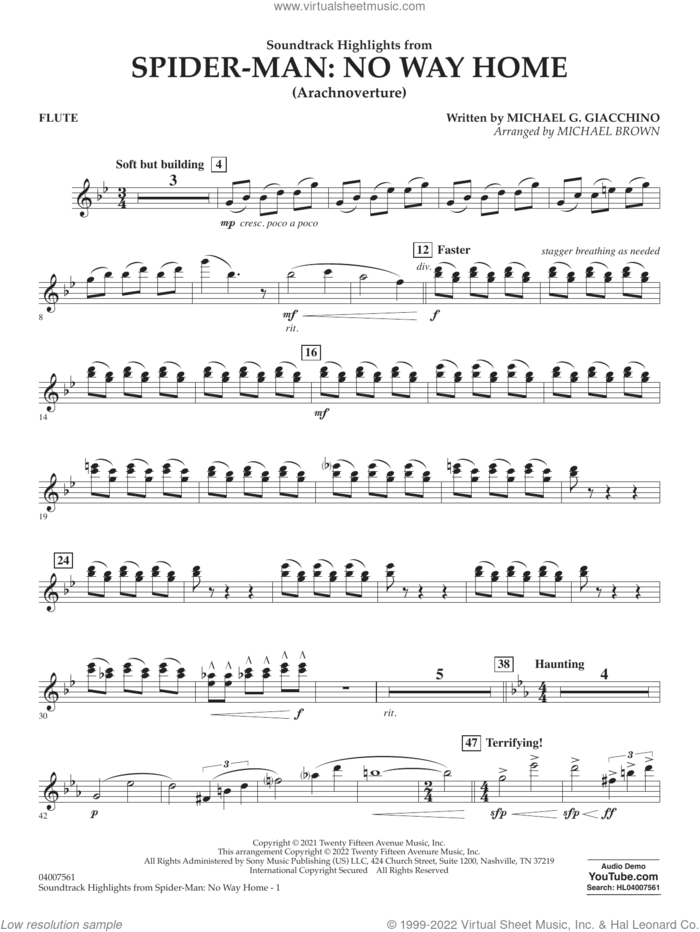 Soundtrack Highlights from Spider-Man: No Way Home (arr. Brown) sheet music for concert band (flute) by Michael G. Giacchino and Michael Brown, intermediate skill level