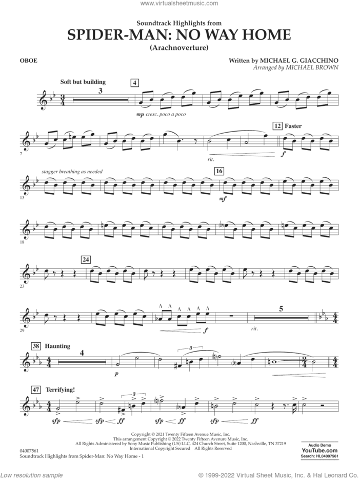 Soundtrack Highlights from Spider-Man: No Way Home (arr. Brown) sheet music for concert band (oboe) by Michael G. Giacchino and Michael Brown, intermediate skill level
