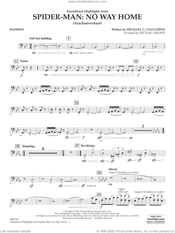 Soundtrack Highlights from Spider-Man: No Way Home (arr. Brown) sheet music for concert band (bassoon) by Michael G. Giacchino and Michael Brown, intermediate skill level