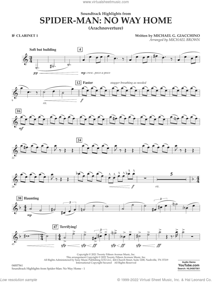 Soundtrack Highlights from Spider-Man: No Way Home (arr. Brown) sheet music for concert band (Bb clarinet 1) by Michael G. Giacchino and Michael Brown, intermediate skill level