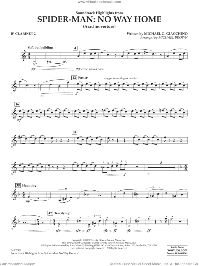 Soundtrack Highlights from Spider-Man: No Way Home (arr. Brown) sheet music for concert band (Bb clarinet 2) by Michael G. Giacchino and Michael Brown, intermediate skill level
