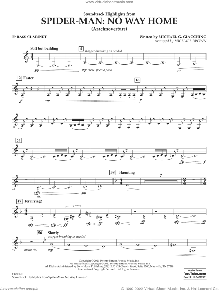 Soundtrack Highlights from Spider-Man: No Way Home (arr. Brown) sheet music for concert band (Bb bass clarinet) by Michael G. Giacchino and Michael Brown, intermediate skill level