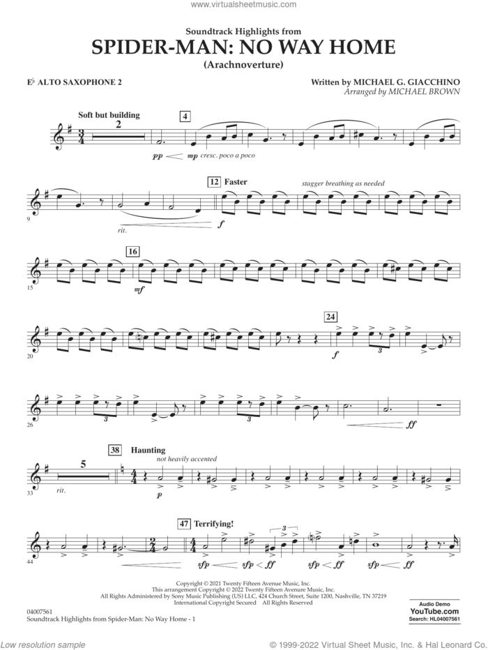 Soundtrack Highlights from Spider-Man: No Way Home (arr. Brown) sheet music for concert band (Eb alto saxophone 2) by Michael G. Giacchino and Michael Brown, intermediate skill level