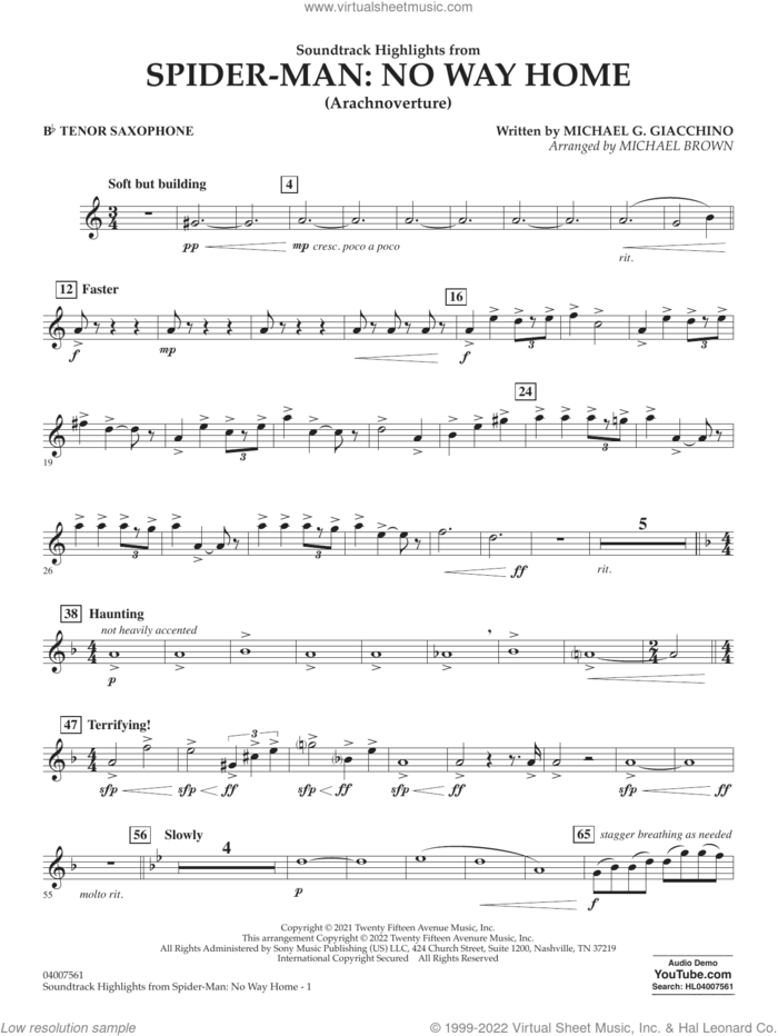 Soundtrack Highlights from Spider-Man: No Way Home (arr. Brown) sheet music for concert band (Bb tenor saxophone) by Michael G. Giacchino and Michael Brown, intermediate skill level