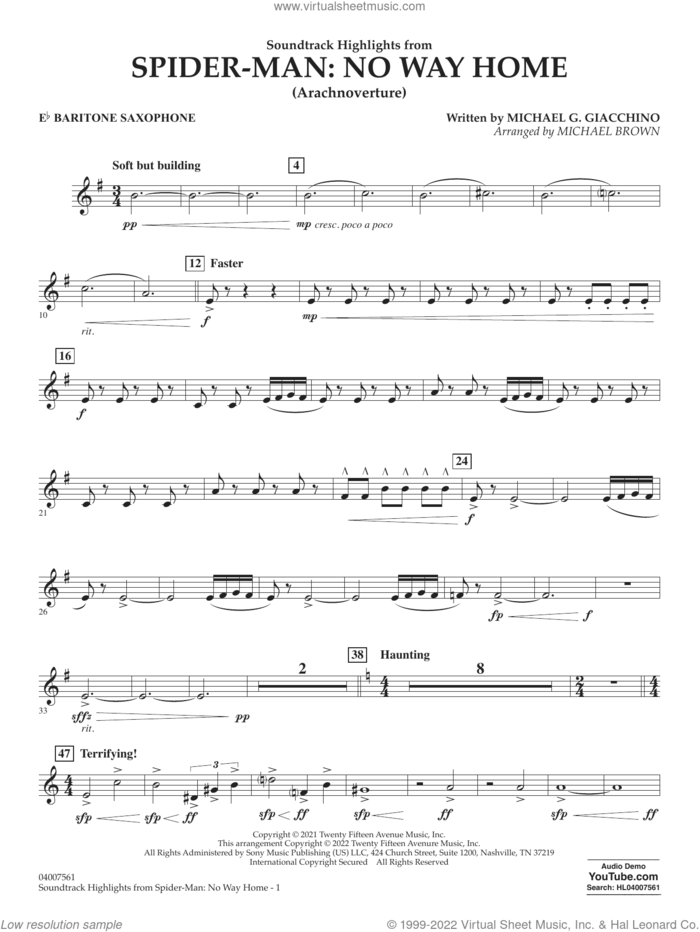 Soundtrack Highlights from Spider-Man: No Way Home (arr. Brown) sheet music for concert band (Eb baritone saxophone) by Michael G. Giacchino and Michael Brown, intermediate skill level