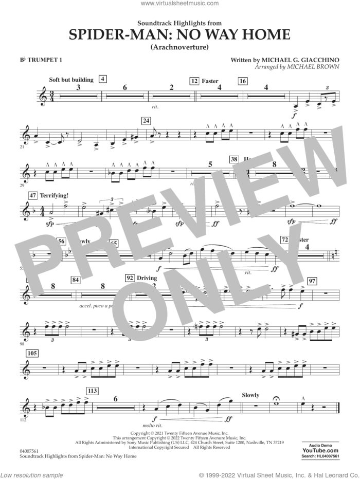 Soundtrack Highlights from Spider-Man: No Way Home (arr. Brown) sheet music for concert band (Bb trumpet 1) by Michael G. Giacchino and Michael Brown, intermediate skill level