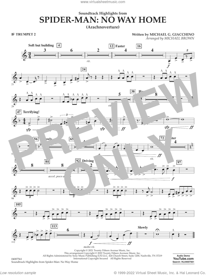 Soundtrack Highlights from Spider-Man: No Way Home (arr. Brown) sheet music for concert band (Bb trumpet 2) by Michael G. Giacchino and Michael Brown, intermediate skill level