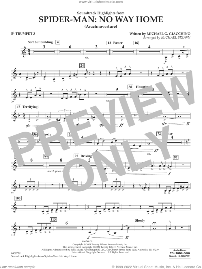Soundtrack Highlights from Spider-Man: No Way Home (arr. Brown) sheet music for concert band (Bb trumpet 3) by Michael G. Giacchino and Michael Brown, intermediate skill level