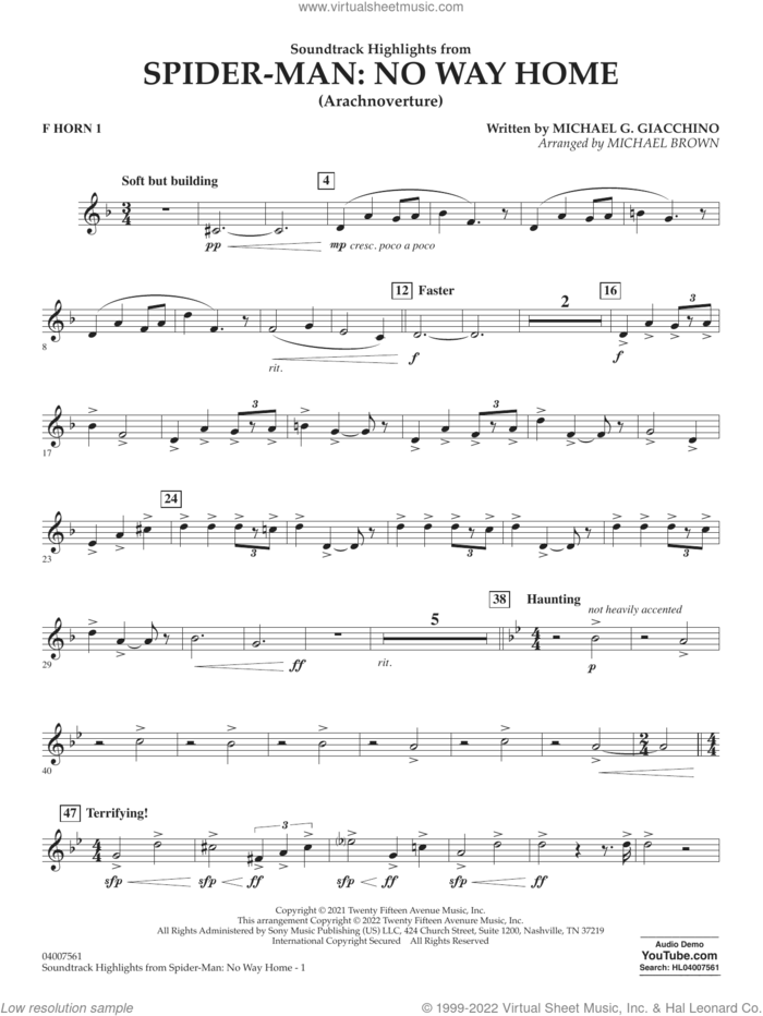 Soundtrack Highlights from Spider-Man: No Way Home (arr. Brown) sheet music for concert band (f horn 1) by Michael G. Giacchino and Michael Brown, intermediate skill level