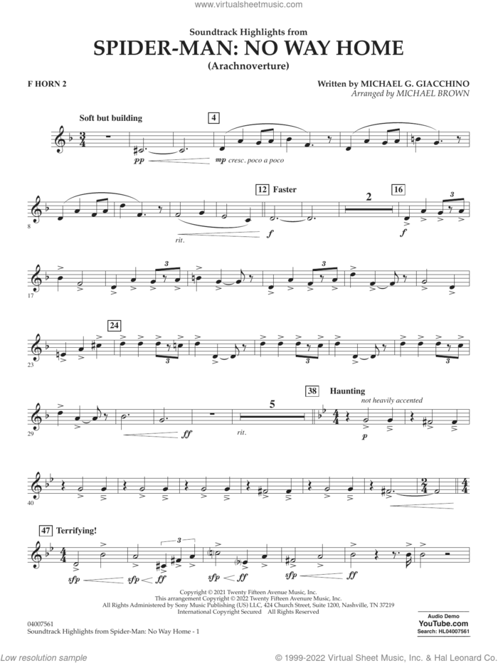 Soundtrack Highlights from Spider-Man: No Way Home (arr. Brown) sheet music for concert band (f horn 2) by Michael G. Giacchino and Michael Brown, intermediate skill level