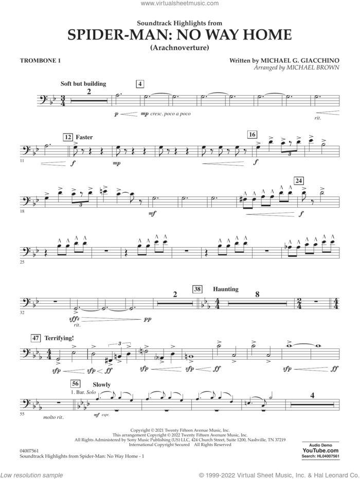 Soundtrack Highlights from Spider-Man: No Way Home (arr. Brown) sheet music for concert band (trombone 1) by Michael G. Giacchino and Michael Brown, intermediate skill level