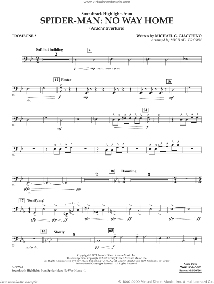 Soundtrack Highlights from Spider-Man: No Way Home (arr. Brown) sheet music for concert band (trombone 2) by Michael G. Giacchino and Michael Brown, intermediate skill level